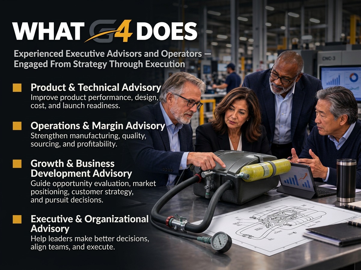 What G4 does: product and technical support, operations and margin improvement, business development and growth, and executive and organizational advisory